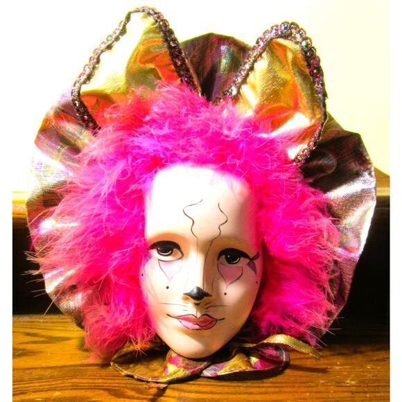Venetian Porcelain Carnival Mask Painted Cat Face Pink Feathers Gold Foil - Picture 2 of 3